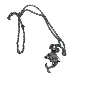 SILVER tone AB rhinestones dazzling dolphin necklace pendant